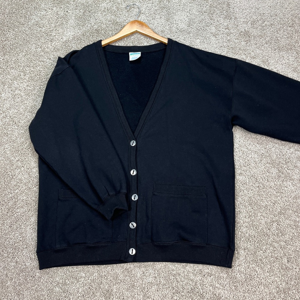 VTG Cheetah Mervyns Sweatshirt Cardigan Mens L Black V-Neck Button Front Fleece